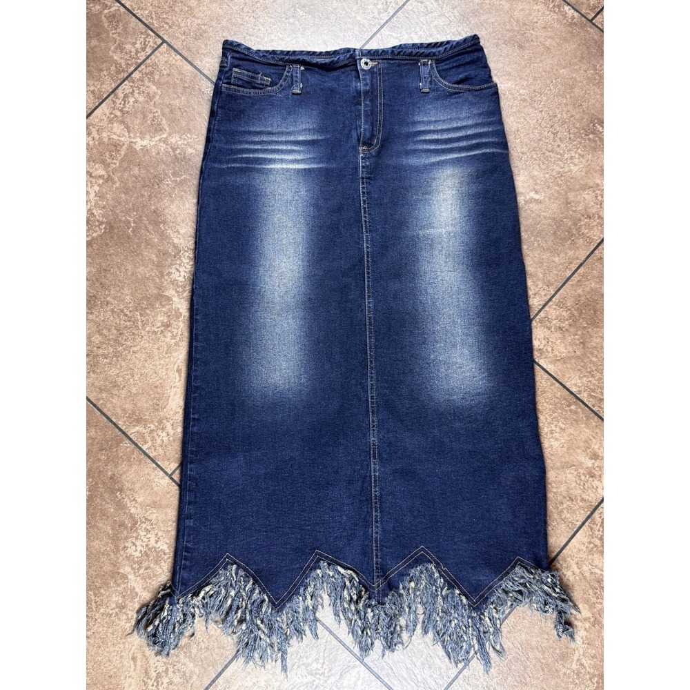 Vintage Joy Jeans Y2K Fringe Denim Skirt Scalloped Raw Hem Western Midi Stretch